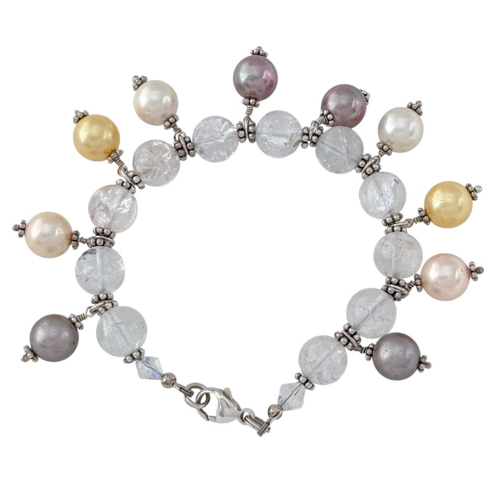 Vintage Sterling Silver 925 Quartz Imitation Pearl Bracelet 7.5" - Picture 6 of 9